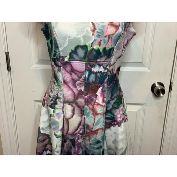 Ted Baker Green Pink Floral Fit & Flare Cap Sleeve Mah Dress, Size 2 TB | 6 US - Picture 4 of 11